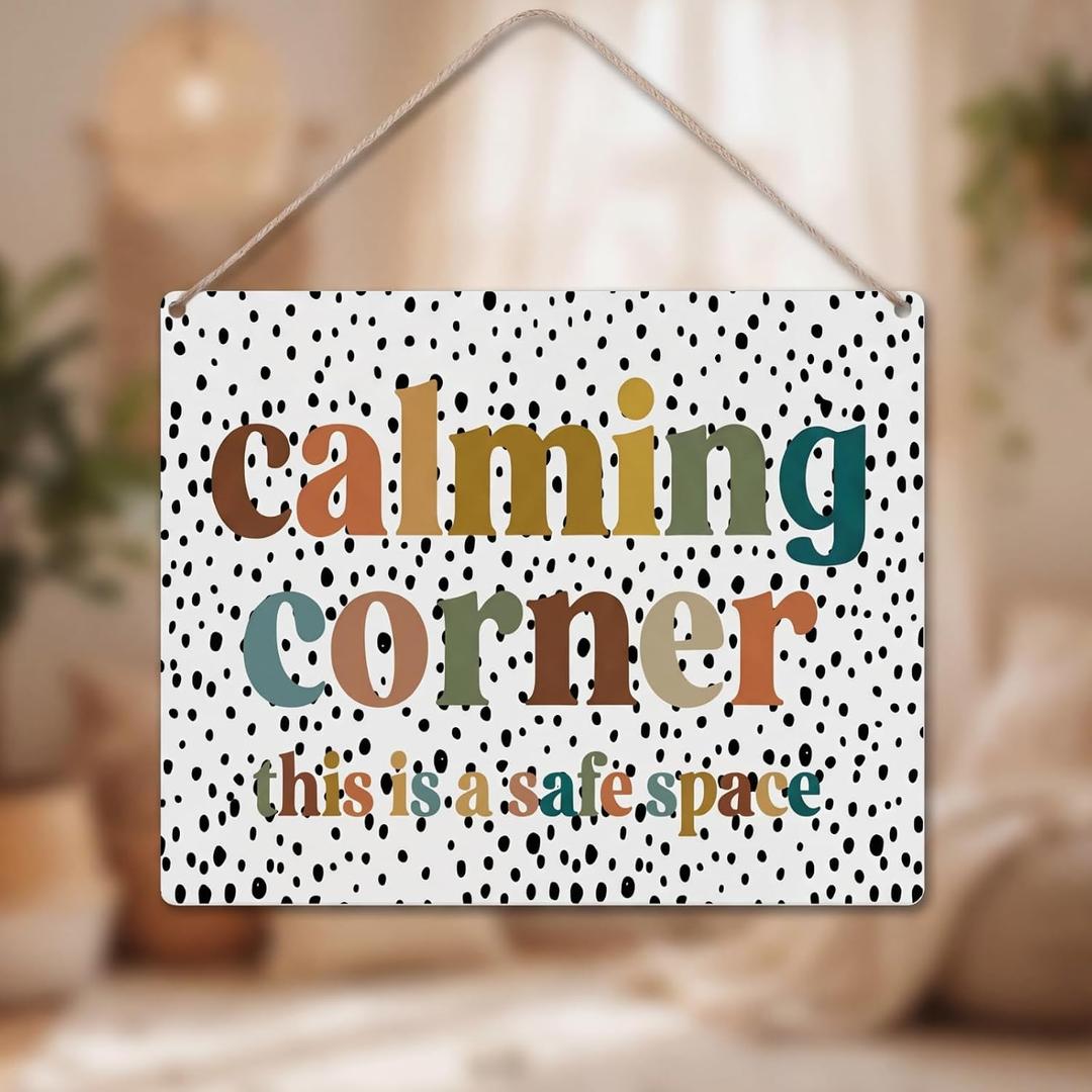 Qunclay Calming Corner Sign, Safe Space Wooden Hanging Plaque, Classroom Wall Decor Calm Corner Sign Boho School Counselor Office Relax, about 9.8 x 7.9 inches/ 25 x 20 cm