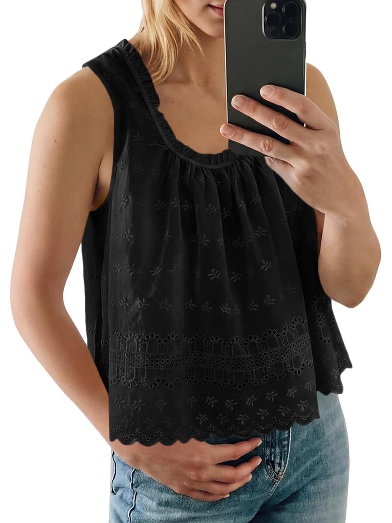 Tankaneo Womens Eyelet Tank Top Summer Floral Embroidered Scoop Neck Tops Sleeveless Casual Vacation Shirts, M