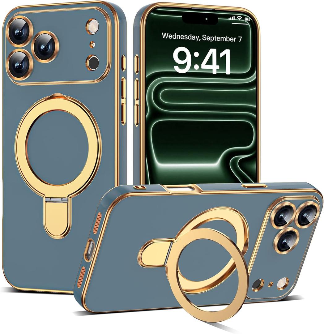 Compatible with iPhone 17 Pro Case with Magnetic Ring Stand [Compatible with Mag-Safe] [Full Camera Lens Protector] Soft Plating Phone Case for iPhone 17 Pro 6.3", Grey Blue