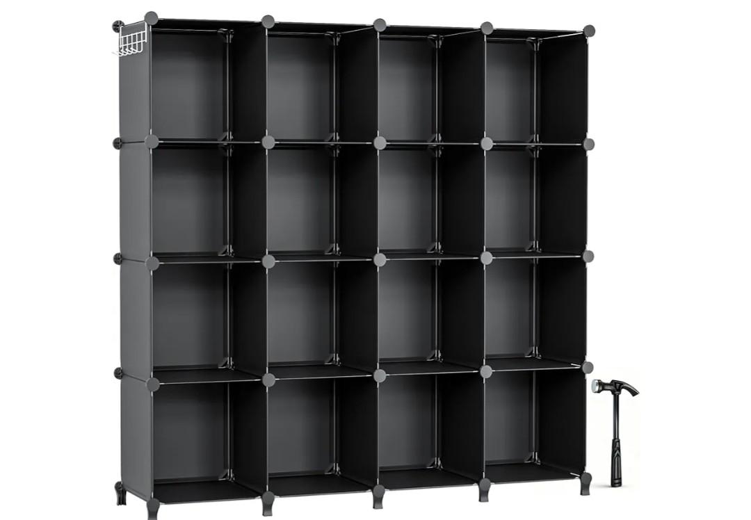 Neprock 16 Cubby Storage Organizer, Closet Clothes Storage Organizer, Cube Shelves Closet Organizers and Storage Shelves for Clothing Storage with Hammer, Bookshelf for Kids（Black）