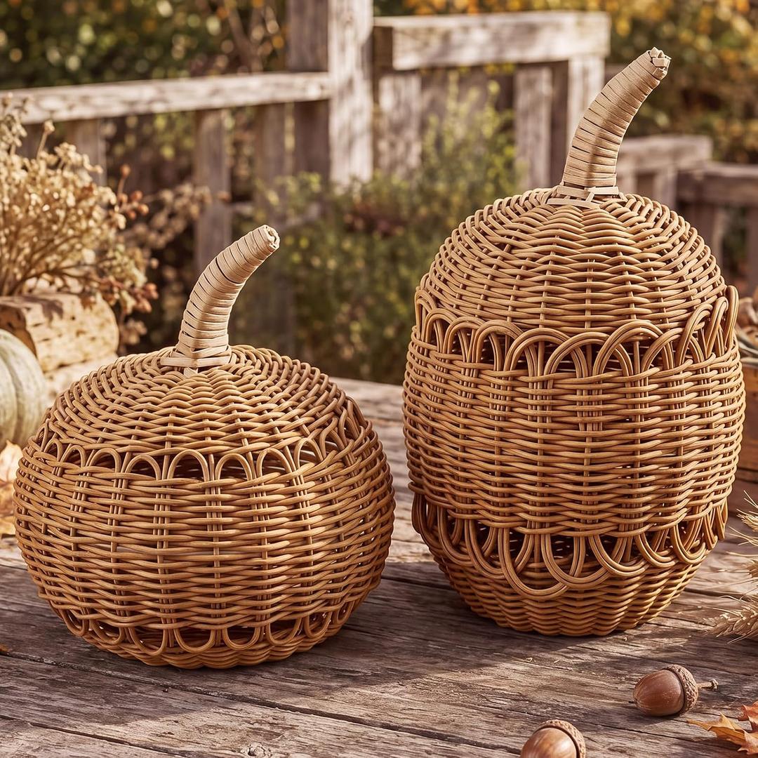 Wonderjune 2 Pcs Outdoor Large Fall Rattan Pumpkin Decoration