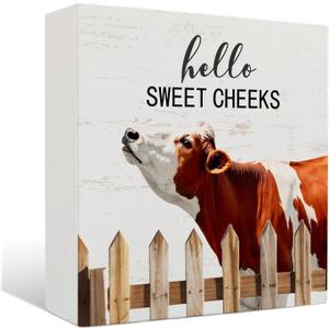 Funny Cow Bathroom Decor - Hello Sweet Cheeks Cow Bathroom Decor, Funny Farmhouse Wooden Sign, 5 X 5 Inches