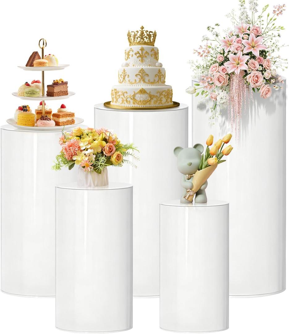 Cylinder Stands for Party, 5Pcs White Cylinder Pedestal Stand, Cilindros Para Fiestas Cake Table Stand Parties Round Cylinder Display Stand for Wedding Birthday Decor 35.4'' 29.5'' 35" 29.5" 23.6"