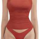 SUUKSESS Women Sexy Mesh Sheer Sleeveless Crop Tank Tops Double Lined Fitted Mock Turtle Neck Ruched Going Out Tops(Orange Red,XS)