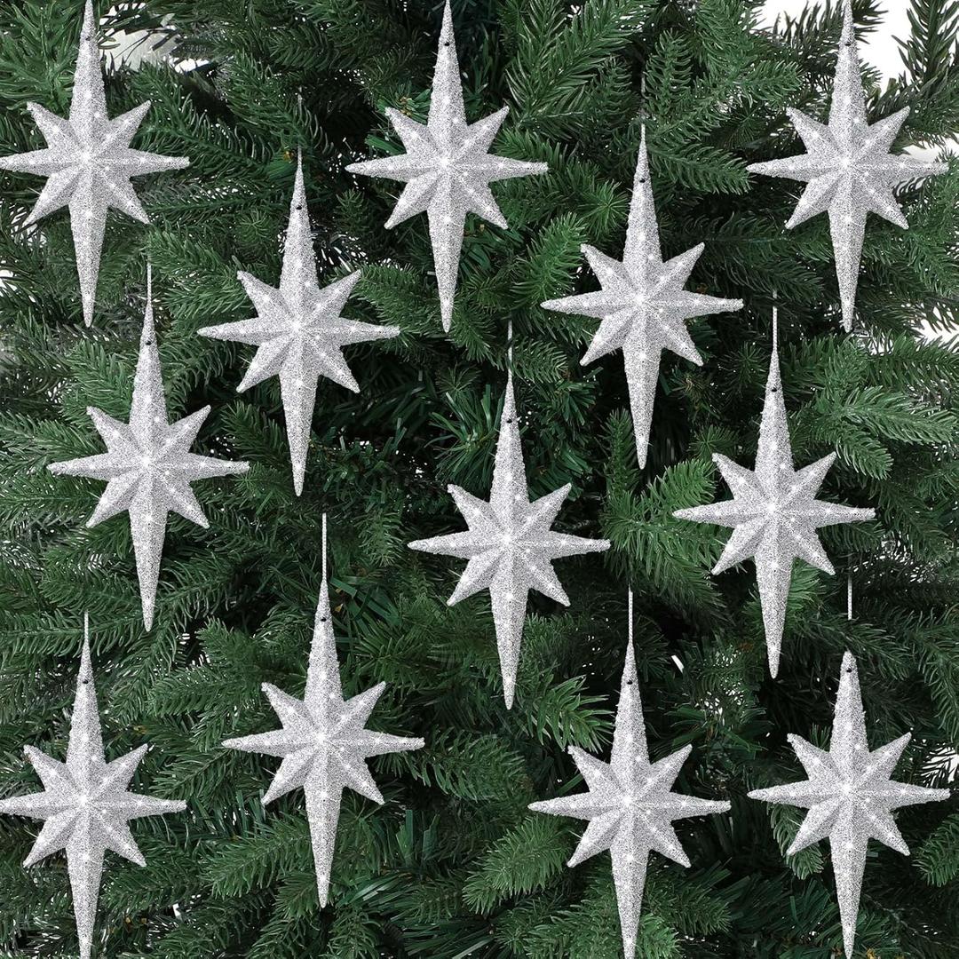 12 Pcs Christmas Silver Bethlehem Star Ornament 4.72 x 2.95 Inch Star of Bethlehem Christmas Tree Topper Glitter Ornament Plastic Nativity Stars Hanging Decor Accessories