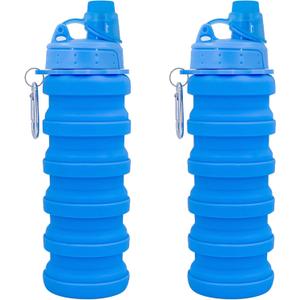 Collapsible Water Bottles Travel water bottle Sports Portable Sport Water Bottle Reusable Water Bottles comes with mountaineering Buckle 500ml silicone Water-proof camping water bottle (2 Pack, Blue+Blue)