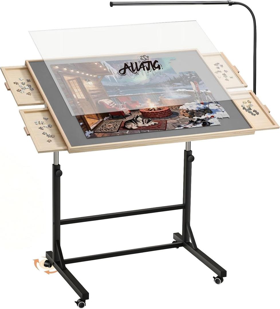 ALL4JIG 2000 Pieces Rotating Puzzle Table with LED Light, 40.1628.5 Wooden Jigsaw Puzzle Board with 4 Drawers & Cover, Upgraded Stability, Swivel Rolling Wheels & Vertical Storage Option, Large-2000pcs