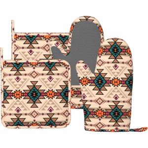 Aztec Print Oven Mitts Pot Holders Set Silicone Native American Kitchen Gloves Western Tribal Potholders Non-Slip Heat Resistant for Chef Baking Cooking Grilling BBQ 4 pcs Kitchen Mitts (Orange Green)