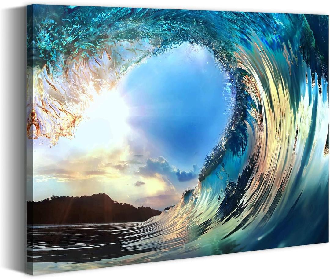 Bathroom Ocean Pictures Wall Art: Surf Wave Art Sea Wave Canvas Coastal Prints Modern Sunset Beach Photo Nautical Artwork Painting Decoration for Bedroom Kitchen Office Living Room Wall Decor