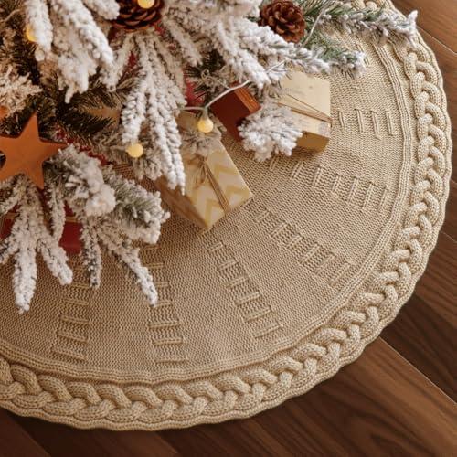 36 inch Christmas Tree Skirt: Pencil Tree Skirt for 6ft Tree, Cable Knit Beige Small Tree Skirt, Vintage Tree Skirts, Rustic Farmhouse Christmas Decorations