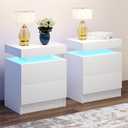 LED Nightstands Set of 2, Modern White Night Stand End Tables with APP & Remote Control LED Lighting, 2 Drawers, Open Shelf Storage, Bedside Tables for Bedroom and Living Room, 20 x 14 x 20 inches