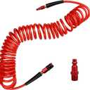 Hromee 1/ 4 in x 25 ft Polyurethane Recoil Air Hose with Bend Restrictors Compressor Hose with 1/ 4" Industrial Universal Quick Coupler and I/ M Plug Kit, Red