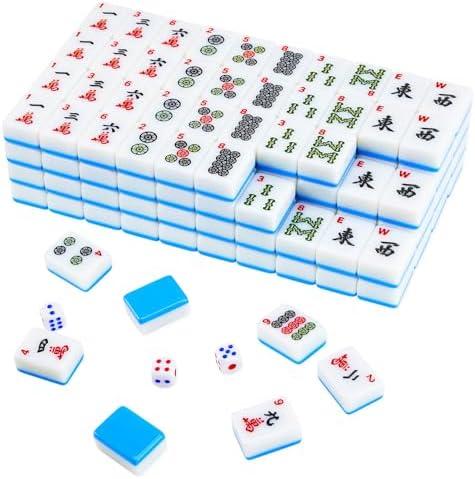 BeautyChen American Mahjong Tile Set, 166 Pcs 1.2" Mahjong Tiles with 3 Dices 1 Instruction, Mahjong Game Set for Adult Family & Friends Gatherings, Mahjong Lovers, Beginners (Blue)