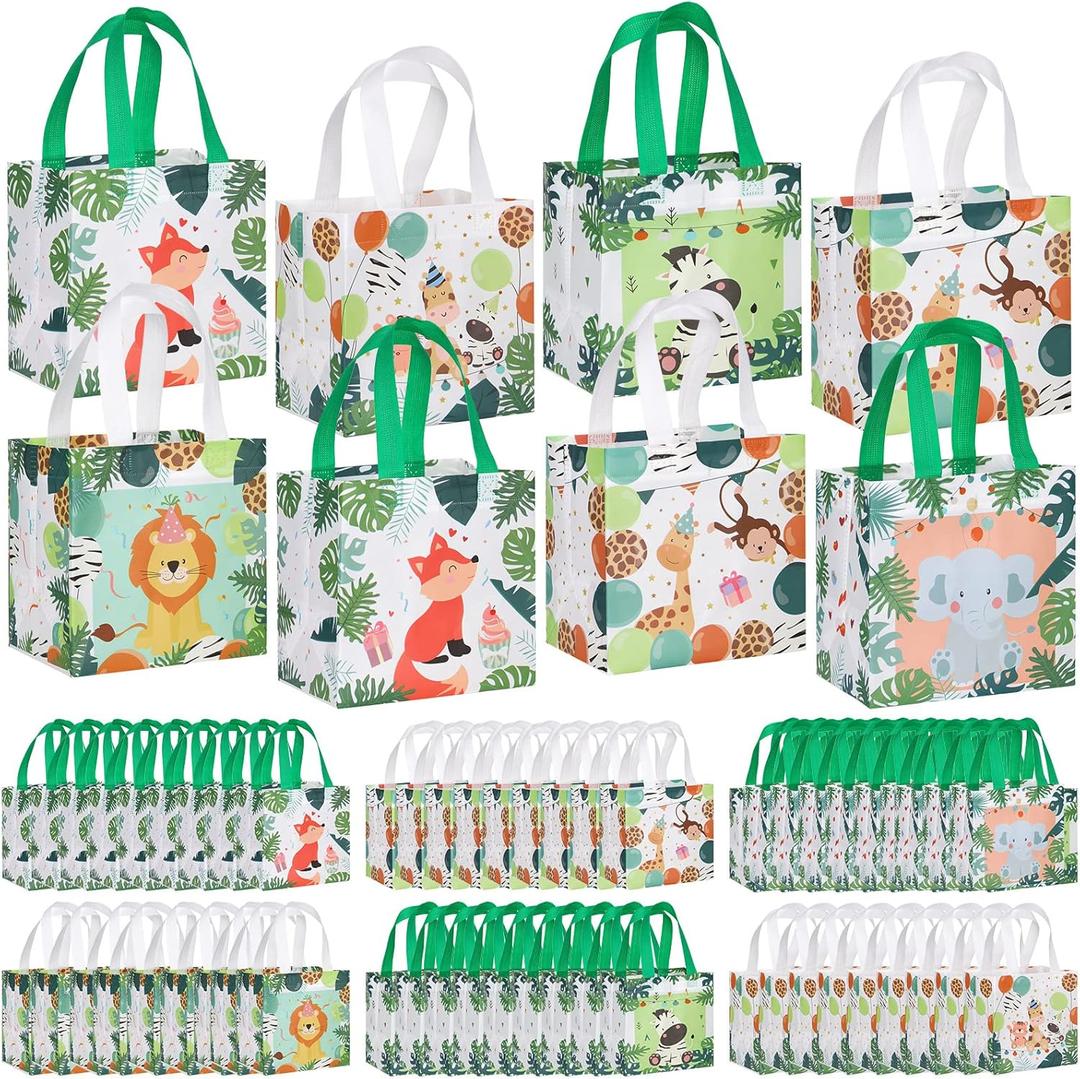 Silkfly 60 Pcs Safari Goodie Bags Animal Gift Bags Non Woven with Handles Jungle Safari Themed Birthday Party Favors
