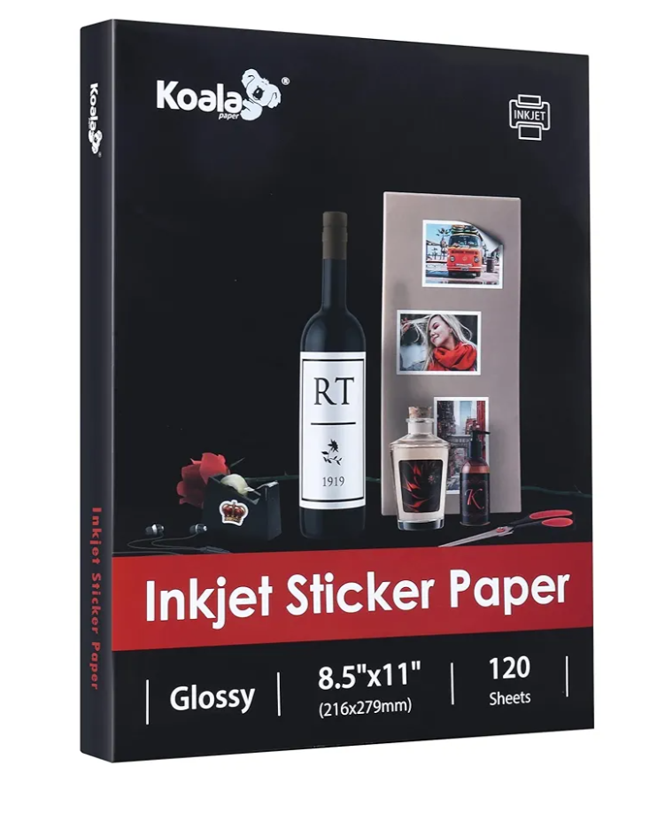 Koala Printable Glossy Sticker Paper for Inkjet Printer, White, 8.5x11 Inch Self-Adhesive Photo Sticker Printer Paper, (120 Sheets)