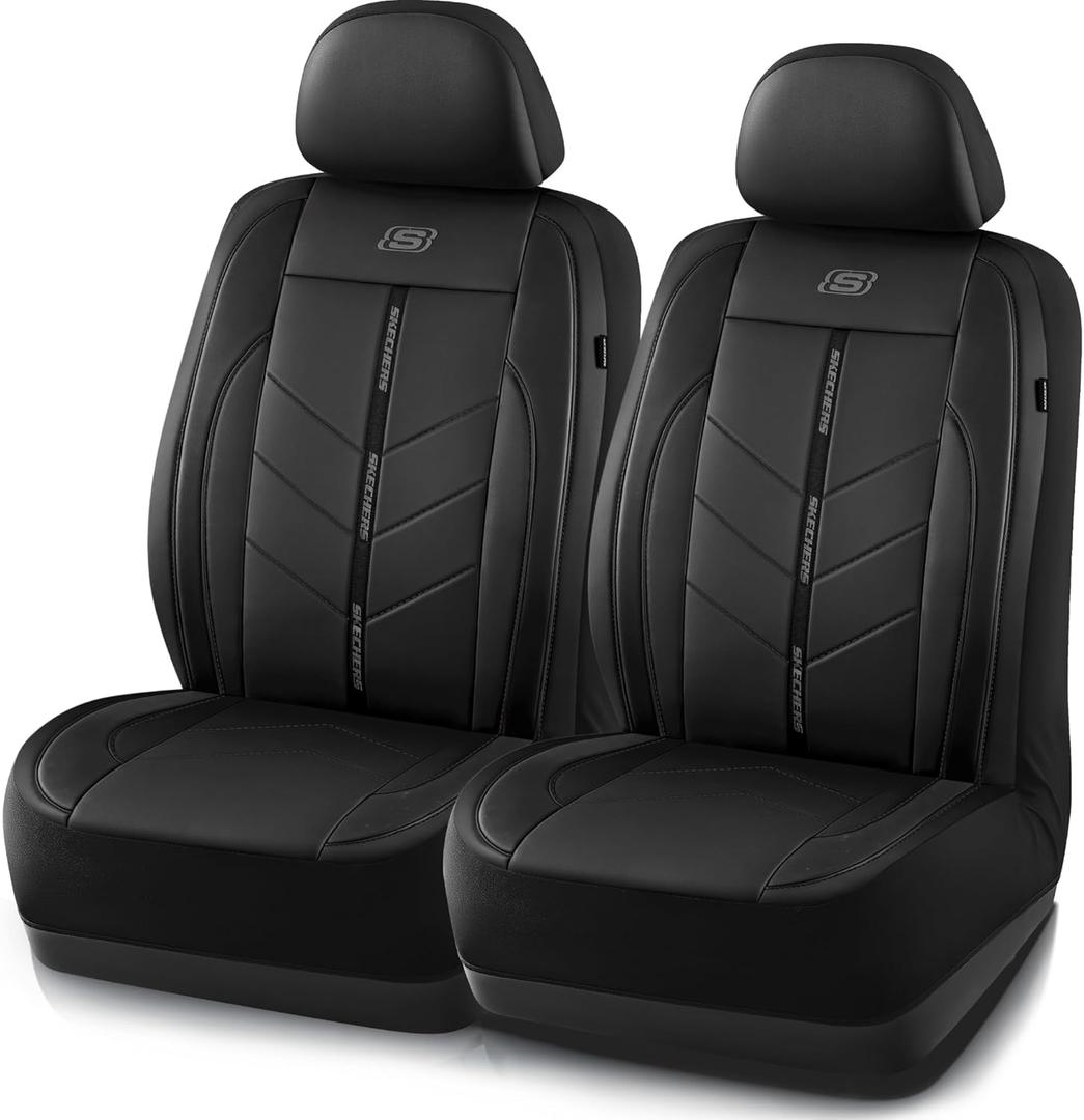 Skechers Car Seat Covers,Luxury Faux Leather Seat Covers,Waterproof Anti Slip Car Seat Protector Front Seats,Car Accessories Airbag Universal Fit for Most Cars,Vans,Trucks,SUV,Black