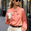 CBOO Women's Bow Tie Neck Button Down Shirts Silk Blouses Long Sleeve Elegant Satin Blouse Casual Dressy Business Tops (Pink, S)