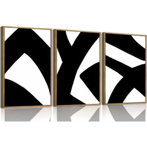 KISSFOX 3 Piece Framed Wall Art Black White Wall Decor Abstract Pictures Modern Minimalist Canvas Art Large Geometry Paintings Artwork for Living Room Bedroom Office, 24x36 In