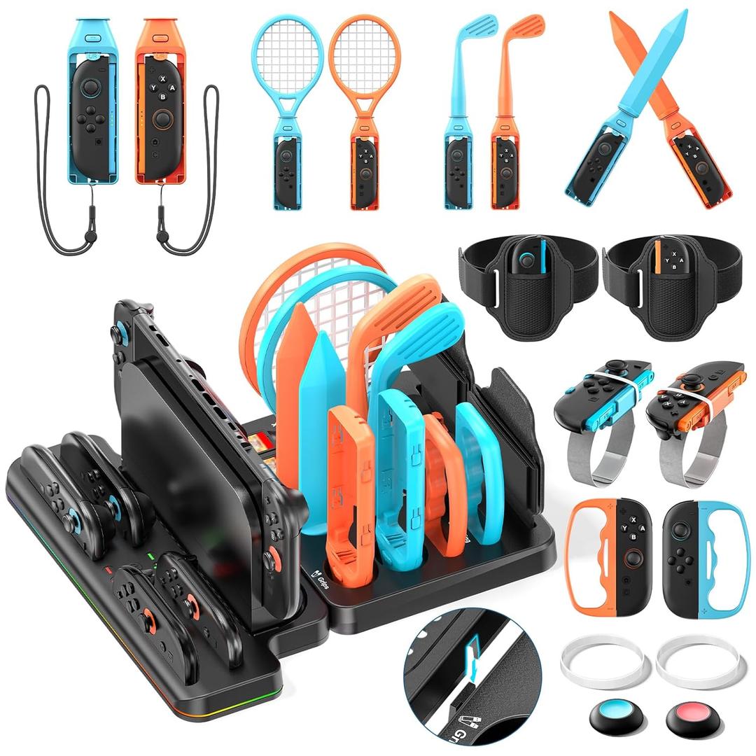All-in-1 Switch 2 Sports Accessories Bundle with Organizer Station & Joycon 2 Charger, Storage for Switch Sports Games, Family Sport Accessories Kit Compatible with Nintendo Switch 2