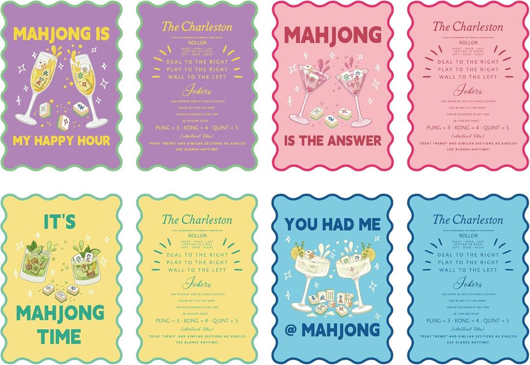 4 Pcs Mahjong Shuffler Cards for Tiles Mixing & Shuffling Portable Mah Jong Accessories Gift Party Supplies Waterproof Rules Printed Mixer 7 x 5 in for Tiles Lover(Pastel,Wave,Cocktail)