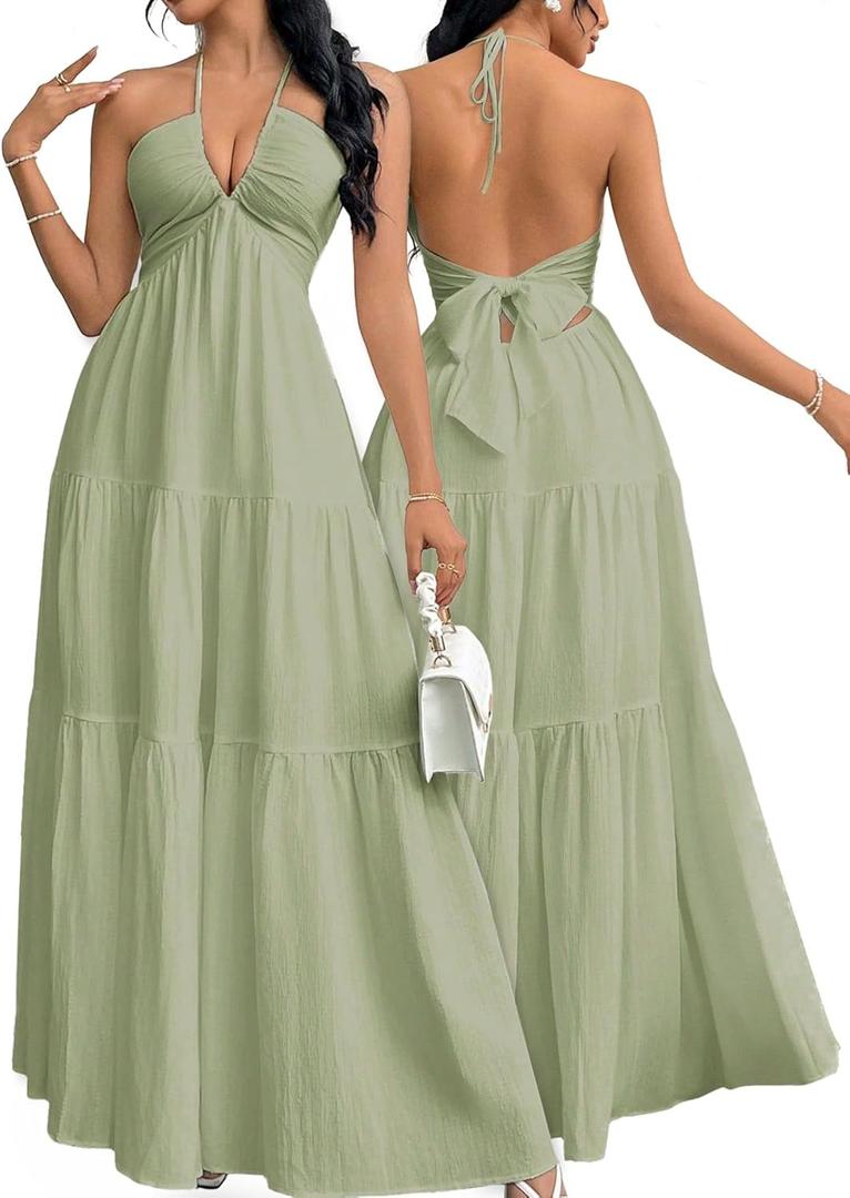 Narecte Women's Maxi Summer Dresses Halter V Neck Beach Dresses for Women A-Line Casual Dress for Vacation Green S Narecte Women's Maxi Summer Dresses Halter V Neck Beach Dresses for Women A-Line Casual Dress for Vacation Green S