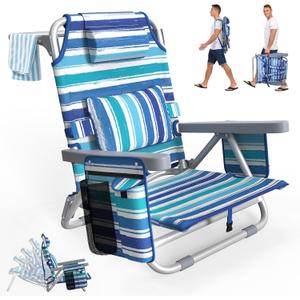 Suteck Beach Chair, Adjustable 5-Position Backpack Beach Chairs for Adults Kids, Foldable Lay Flat Chair with Cooler Bag, Cup Holder and Lumbar Pillow, Reclining Lay Down Chairs (1, Blue&White)