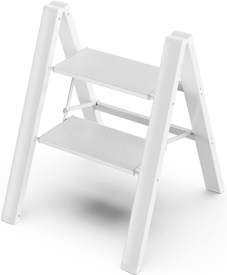 GameGem 2 Step Ladder, Aluminum Folding 2 Step Stool with Anti-Slip Sturdy and Wide Pedal, Lightweight Portable Stepladder for Home and Kitchen Use Space Saving, Cream White, 330 lbs