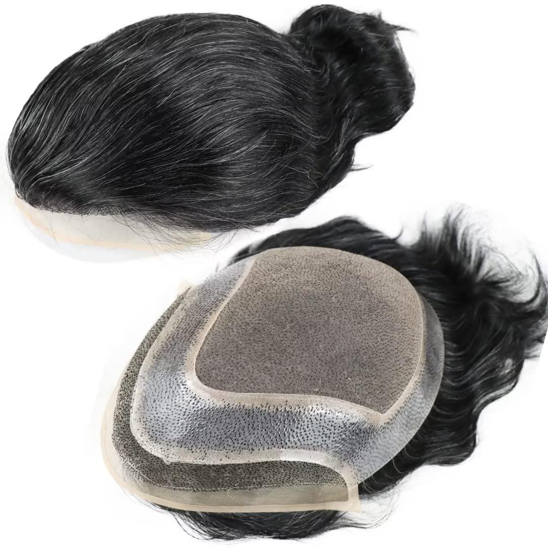HAPPY&CC Men's Toupee Human Hair Mono Lace Thin Skin 10x8 inches Black Color Mixed 20% Grey Hair System Pieces