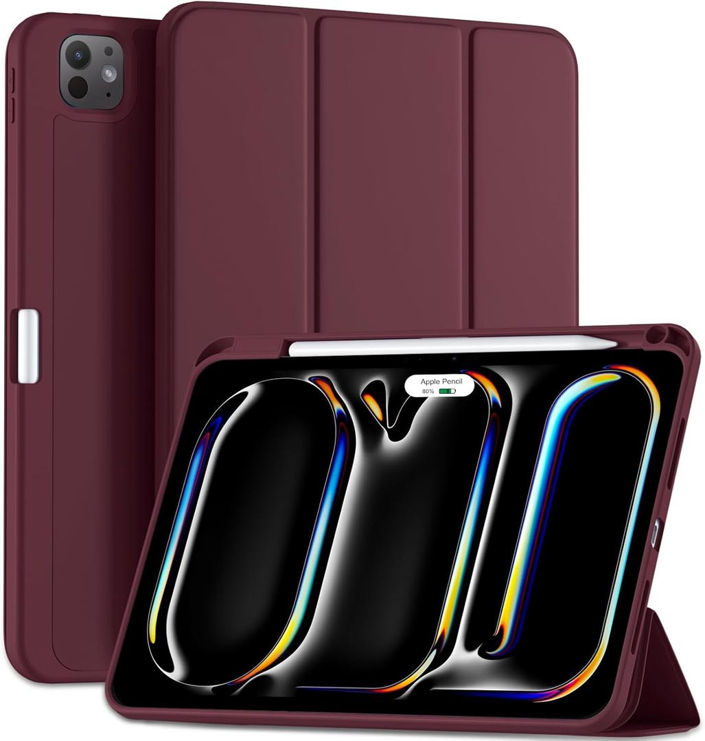 New Compatible with iPad Pro 11 Inch Case (M4 2024/M5 2025) with Pencil Holder, Smart Cover with Protective Trifold Stand & Soft TPU Back, Auto Wake/Sleep, Support Pencil Pro, Wine Red