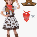 Cowgirl Costume Girls,Kids Cowgirls Brown Western Cowboy Outfit Set with Hat Halloween Costumes Party Dress Up S