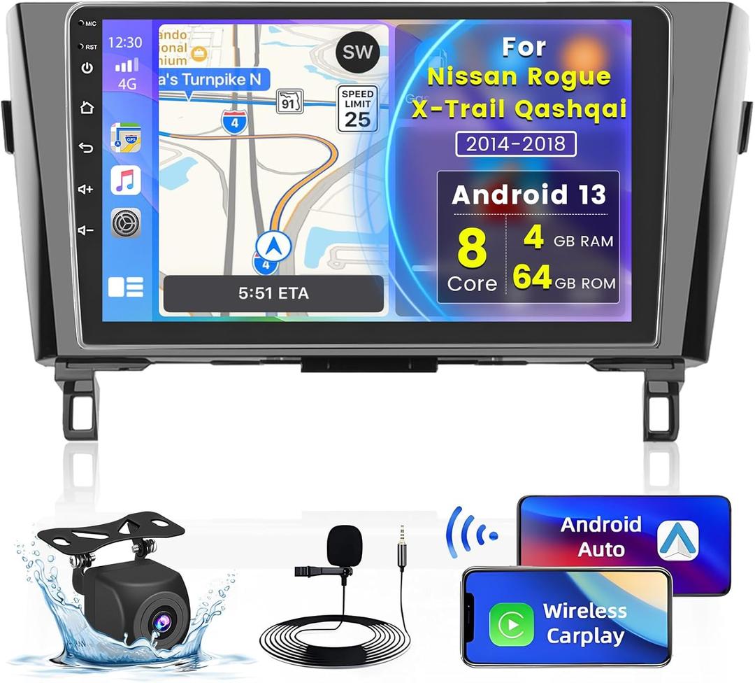 Roinvou [8 Core 4G+64G] for Nissan Rogue X-Trail Qashqai 2014-2018 Android Radio with Wireless Carplay Android Auto, 10.1 Inch IPS Touch Screen Car Stereo, Bluetooth 5.0, 32 EQ, GPS, WiFi, 59UI