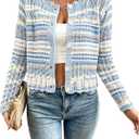 Urchics Women's Hollow Out Knit Cardigan Sweaters Scalloped Crewneck Cropped Sweater Long Sleeve Front Button Fall Tops (Blue, L)