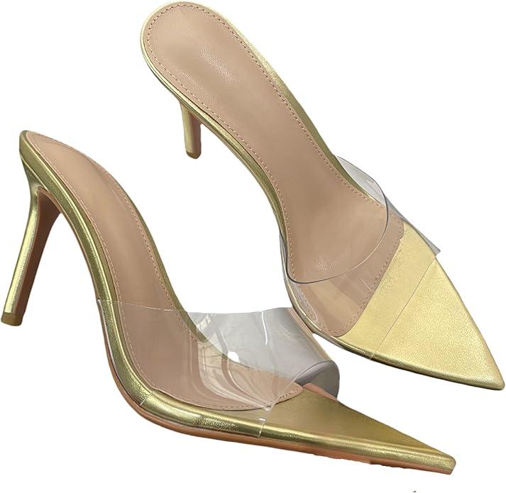 WYUETRA Women's Clear Pointed Toe Slingback Stilettos Heel Sandals Fashion Sexy Comfortable Summer Open Toe Backless Slip On Dress Slides Sandals for Casual Outdoor Party Work Wedding (Gold,8)