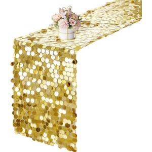 Yblut 12 x 108 Inch Gold Sequin Table Runner Glitter Rectangle Big Sequin Table Runner for Wedding Party Birthday Christmas Halloween Decoration (1 Pack)
