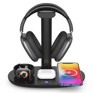4 in 1 Wireless Charger with Headphone Stand Headset Holder & Station Dock for Apple Watch, AirPods Max/Pro/Pro 2/AirPods 4/ iPhone 16/15/14/13/12 LG, Samsung Galaxy, Huawei