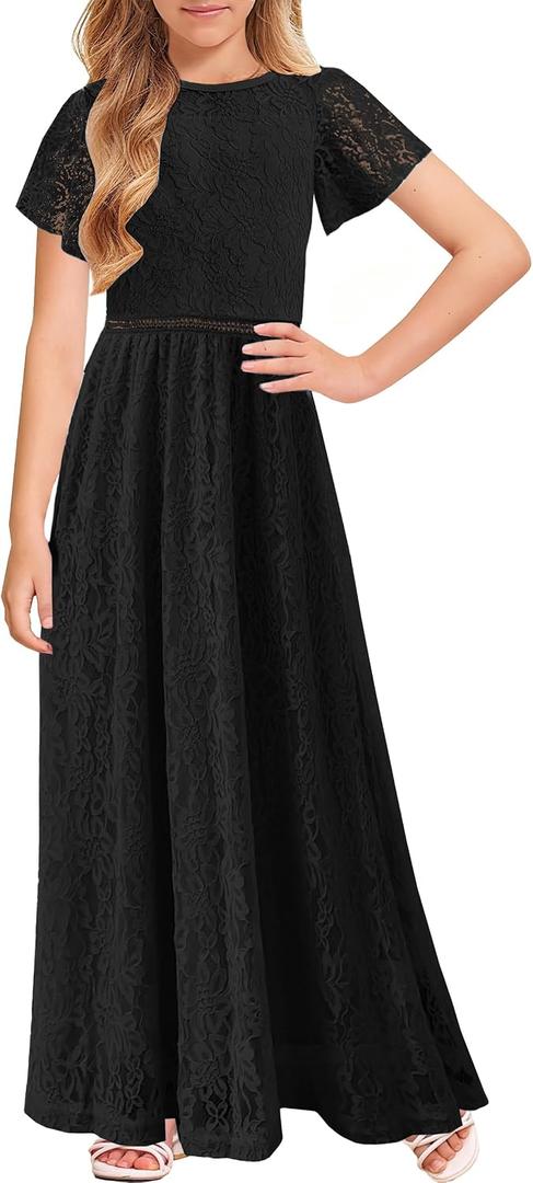 HOSIKA Flower Girls Dress Floral Lace Elegant Dresses for Wedding Party | Vintage, Fully Lined, Crew Neck, Sheer Lace Sleeve, Hollow-Out Waist, A-Line, Back Zipper, Full Length, Long Dress, For 6-13Y