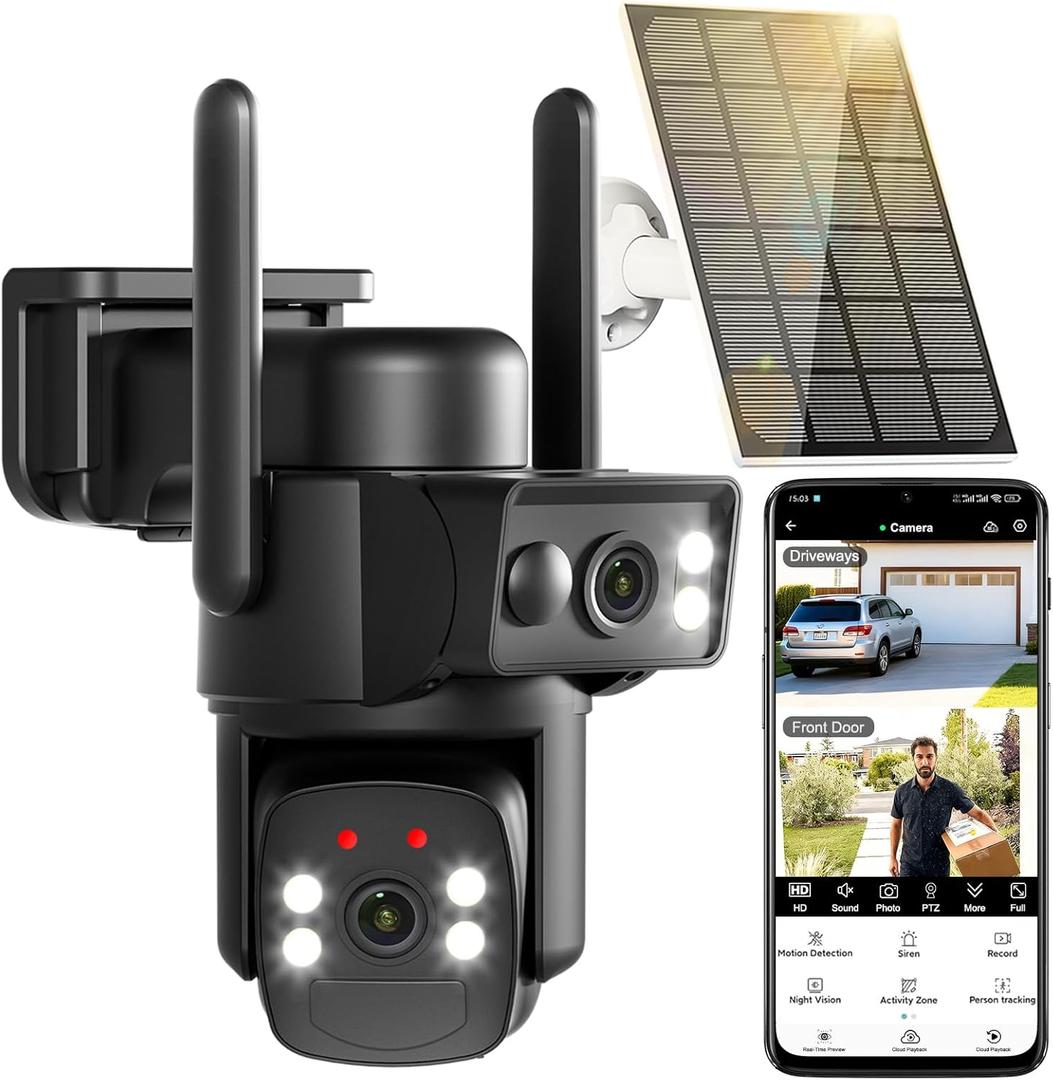 Dual Lens Solar Security Cameras Wireless Outdoor, 360 View Pan/Tilt Home Security Camera with 6MP Color Night Vision, 5GHz/2.4Hz WiFi 6, PIR Motion Detection, Spotlight Siren, 2-Way-Audio (Black)