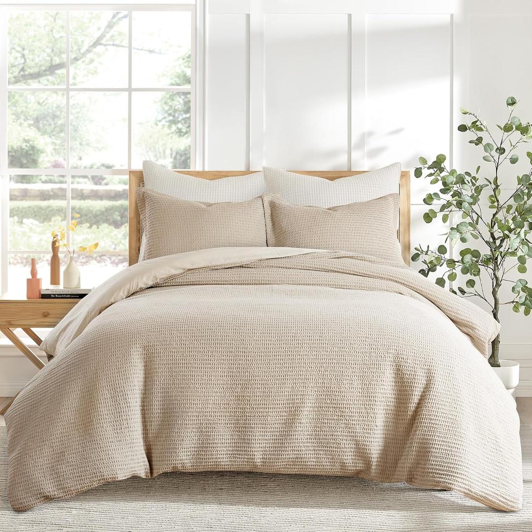 Levtex Home Cloud Waffle King/Cal King Comforter Set (106x94in) with 2 Pillow Shams (36x20in) - Solid Waffle Cotton Texture - Taupe - 100% Cotton King Size Comforter Set - Soft, Pre-Washed
