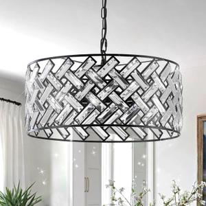 Crystal Ceiling Light Black Modern Chandelier 18" Pendant Light 6-Light Convertible Semi Flush Mount Lighting Drum Semi Flush Mount Hanging Drum Shade for Kitchen Island Dining Room Bedroom Hallway