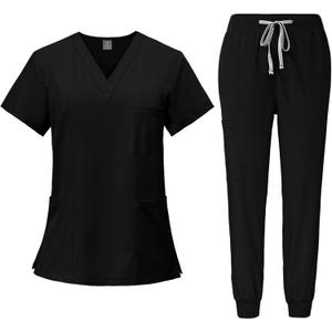2025 Medical Scrubs Set for Women - Classic V-Neck Top & Jogger Pants with Stretch Nursing Uniform Scrub Suit (Medium, 1-black)