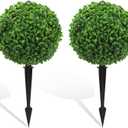 Set of 2 Artificial Topiary Boxwood Ball Trees 18'' Faux Cypress Plants with Ground Spike Evergreen Artificial Bushes for Front Porch Garden Balcony Front Door UV Protection Fade Resistant