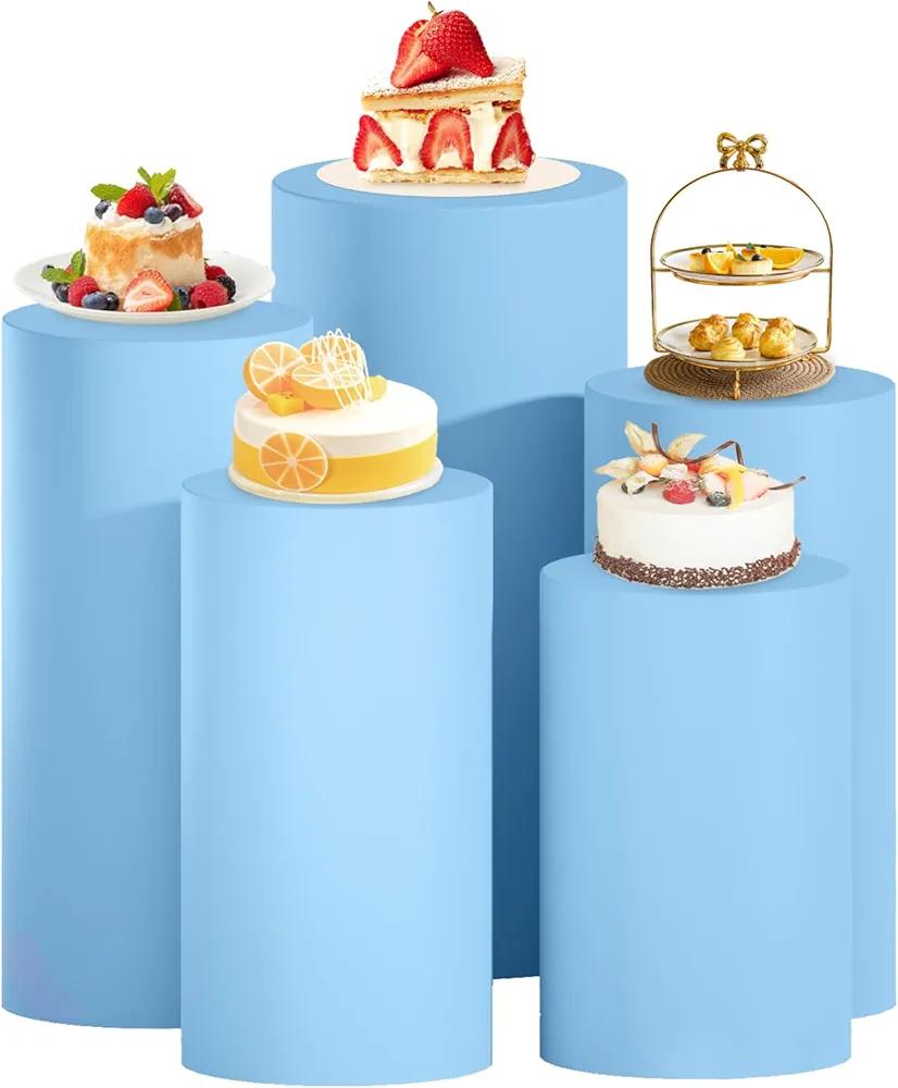 Spandex Cylinder Cover Light Blue Cylinder Pedestal Cover Set of 5 Stretchy Cylinder Stand Cover Cake Stand Pedestal Pillar Cover Round Cylinder Display Cover for Wedding Birthday Party