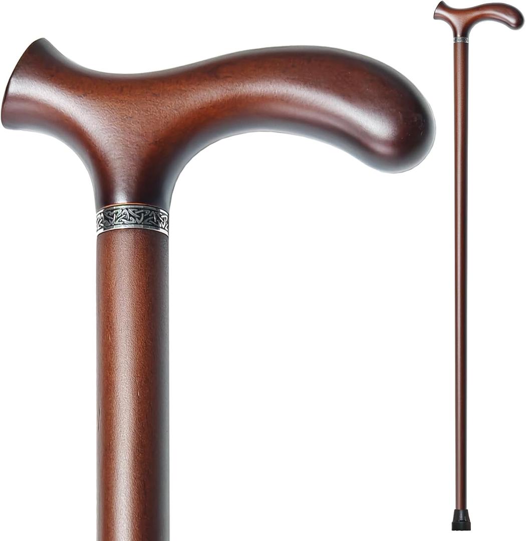 Wooden Walking Cane with 5 Height for Men and Women, Handmade Wood Cane with Comfort Grip Handle, Supportive Mobility Aid for Seniors, Fashionable & Classic Lightweight Stick (37inch, Coffee)