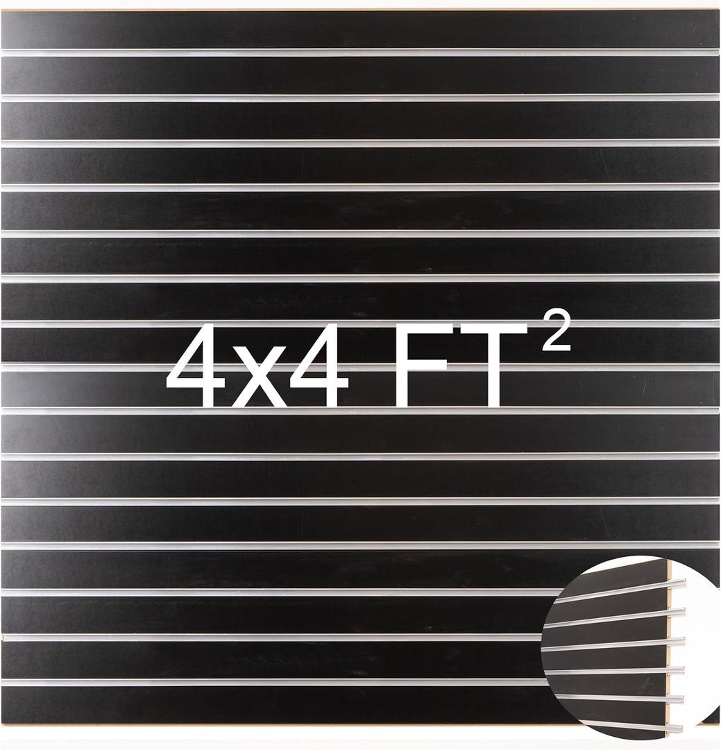 Slat Wall Paneling for Retail Display with Aluminum Reinforcement Strip, Black Garage Slatwall Storage Systems 4’x4’ MDF Slatwall Panels, Shiplap Wall Paneling Slat Board Garage Slatted Panels, With Aluminium Strip