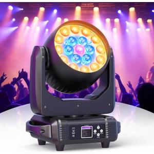 HOLDLAMP Moving Head Lights 19x15W RGBW 4-in-1 LED Stage Light with Zoom Beam Wash Effect by Sound Activated Auto DMX Control for Wedding DJ Disco Parties Nightclub Show Bar (1 Pack)