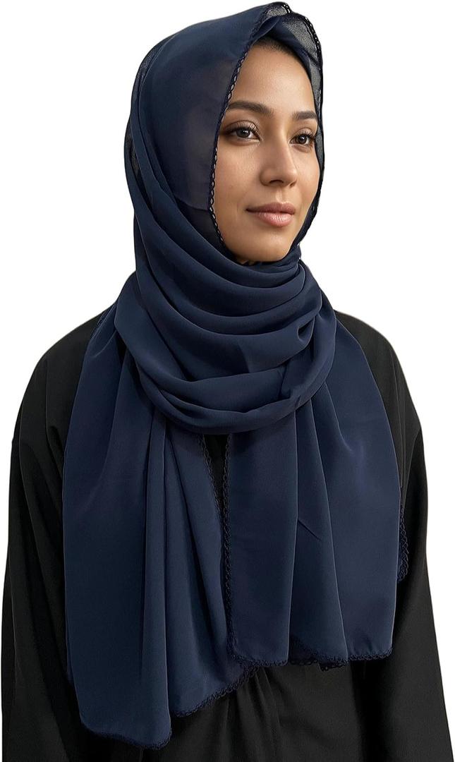 Solid Color Bubble Chiffon Hijab With Crochet Elegant Soft Georgette Shawl Scarf For Abaya Dress Headscarf (Yellow)