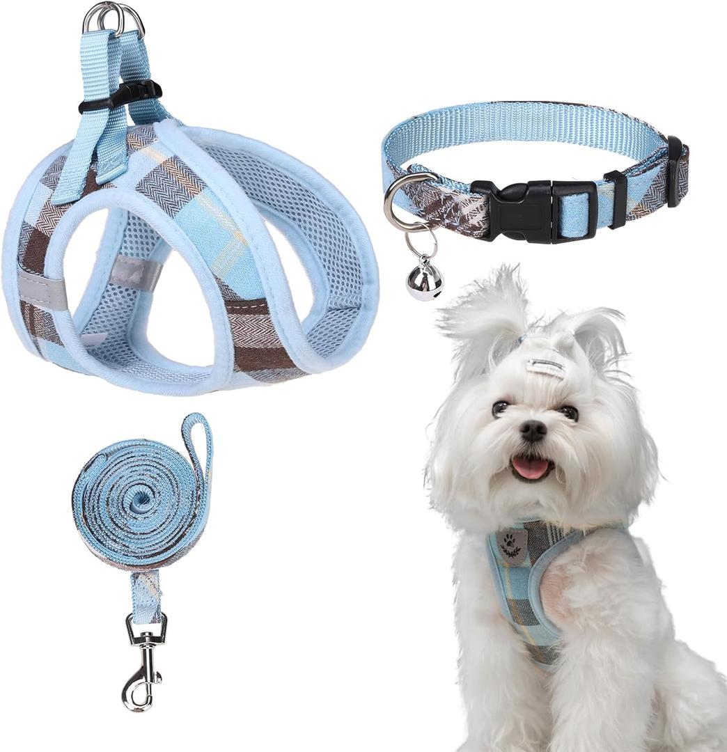 EXPAWLORER Classic Plaid Puppy Harness - Small Dog Collar and Leash with AirTag Holder Case - Soft Mesh Padded Adjustable Dog Vest Harness No Pull, Reflective Escape Proof for Outdoor, Blue, Small