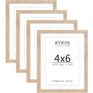 KTKDE 4x6 Picture frame Set of 4,Nature Woodgrain Photo Frame 3.5x5mat or 4x6 Without Mat, Tempered Glass,4 by 6 small picture frames for Wall or Tabletop Family Friends Wedding Gift ideal gift