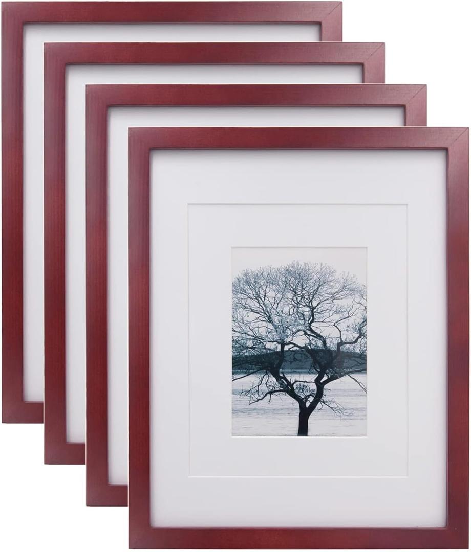 Egofine 11x14 Picture Frames 4 Pack Display Pictures 5x7/8x10 with Mat or 11x14 Without Mat Made of Solid Wood Covered by Plexiglass for Table Top Display and Wall Mounting Photo Frame, Cherry Red