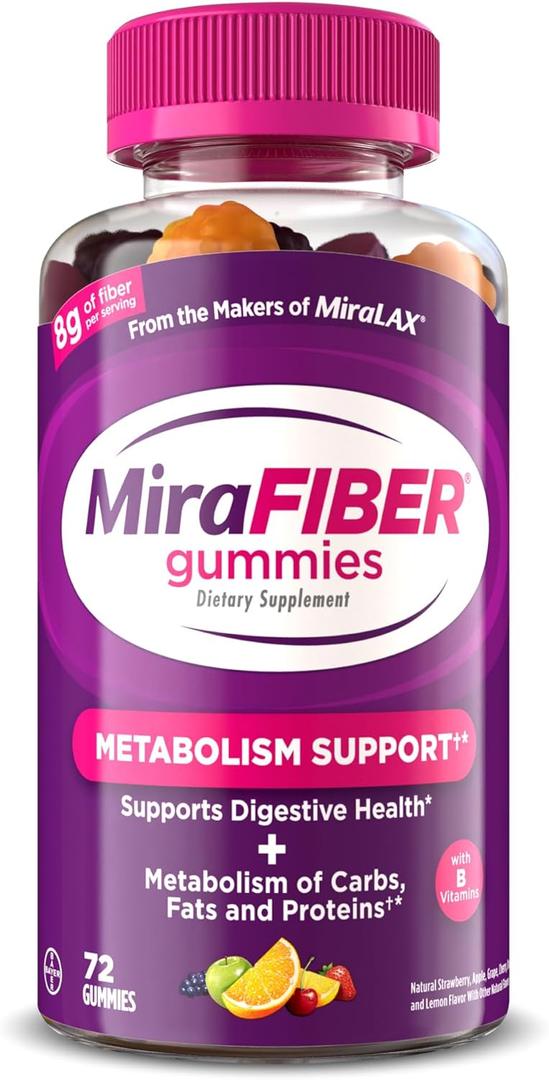 MiraFIBER Gummies from the Makers of MiraLAX, 8g of Daily Fiber Per Serving, Metabolism Support with B Vitamins, Gut Health for Men & Women, Prebiotic Fiber Gummies for Adults, Mixed Fruit Flavor 72Ct, BBD 2027/04